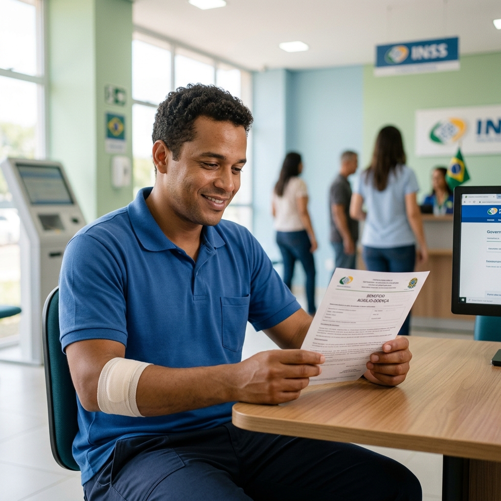 Homem com braço enfaixado lendo documento no INSS