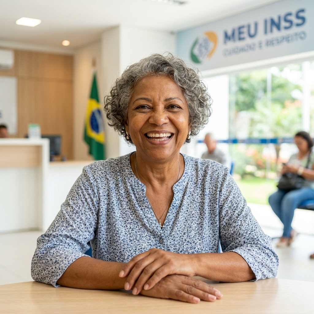 Idosa sorridente em atendimento no INSS